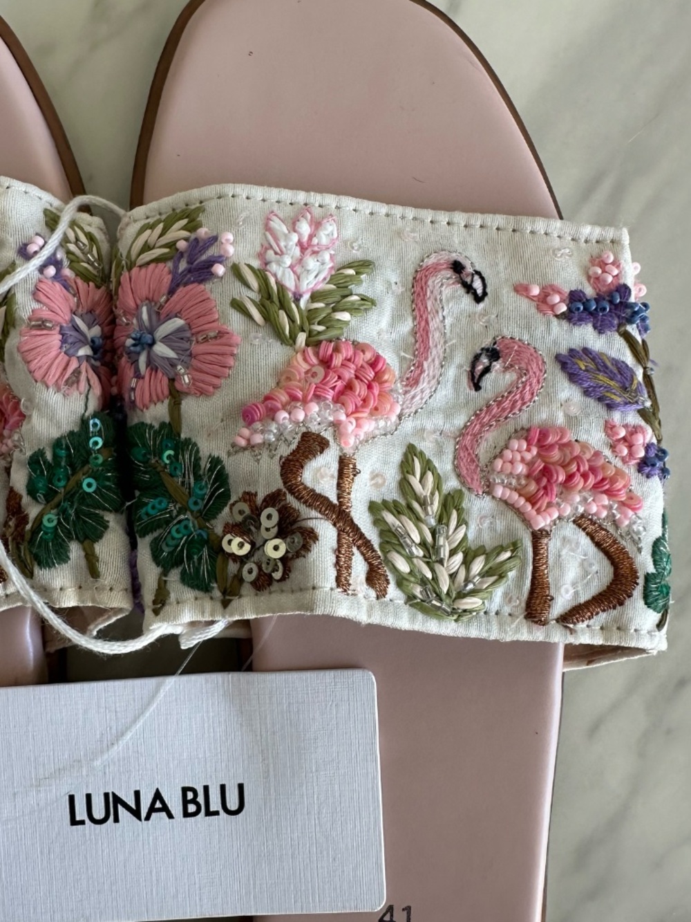 NWT Luna Blu Artisanal Embroidered Flamingo Bead Slide Sandals 41 / 10 - Picture 2 of 9